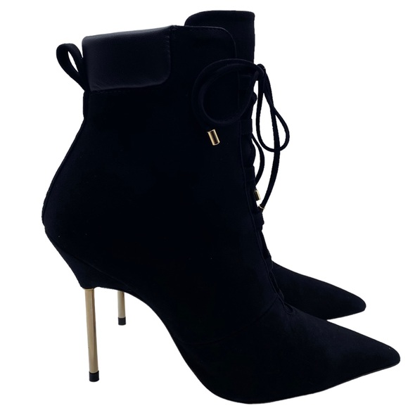 Good American Bootie Scandal Black Suede Leather Lace Up Heeled Ankle Size 7 - Picture 3 of 10